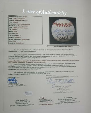 Mickey Mantle / Ted Williams,  9 Signed / Autographed 500 Home Run Baseball JSA 2