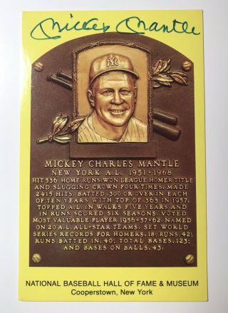 Mickey Mantle Autographed Hall Of Fame Plaque Postcard W/ Jsa Auth.  Letter