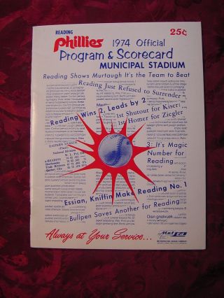 Reading Phillies 1974 Offical Program And Scorecard