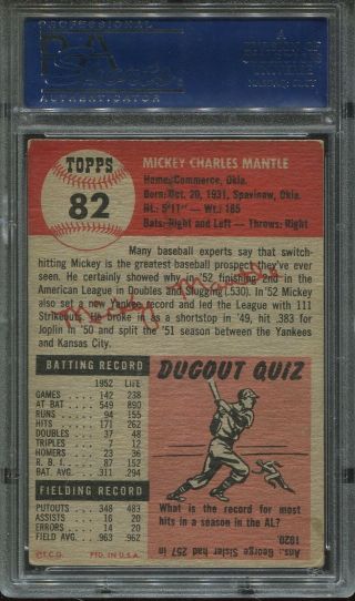 1953 Topps 82 Mickey Mantle psa 3 Vg HOF Yankees Short Print 2