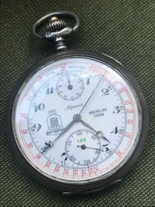 Ww2 German Olympic Games Berlin 1936 Alpina Chronograph Silver Pocket Watch