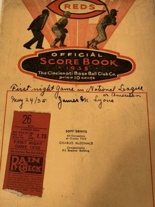 X Rare 1935 Cincinnati Reds Score Book Crosley Field First Night Game W/Ticket 3