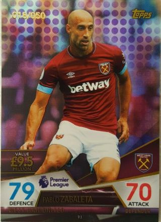 Match Attax Ultimate 2018/19 Card 93 Pablo Zabaleta Purple 18/50 West Ham United