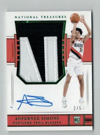 18 - 19 National Treasures Anfernee Simons Rookie Patch Auto Rpa Emerald 2/5