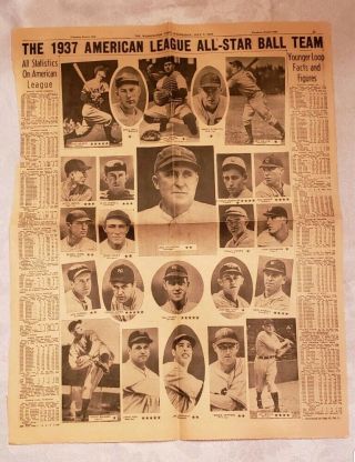 1937 Washington Times Post Full Sheet Showing American League All Star Roster