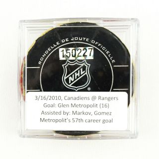 2009 - 10 Glen Metropolit Montreal Canadiens Game - Goal - Scored Puck - Gomez A.