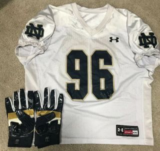 Team Issued Notre Dame Football Under Armour White Practice Jersey & Gloves