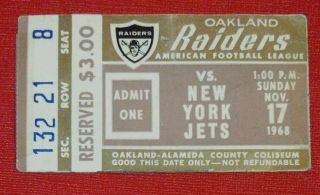 11/17/1968 Oakland Raiders Vs York Jets Heidi Bowl Ticket Stub Joe Namath