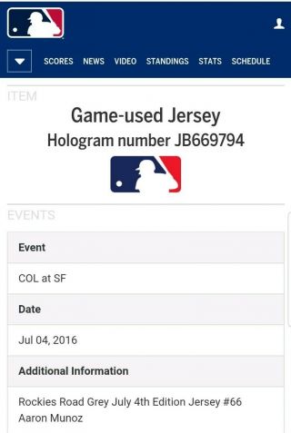 Aaron Munoz 2016 Colorado Rockies 4th of July Game Jersey MLB Holo 5