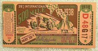 1938 Indianapolis 500 Race Ticket Stub 26th Annual 500 Mile Floyd Roberts Wins