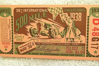 1938 INDIANAPOLIS 500 RACE TICKET STUB 26TH ANNUAL 500 MILE Floyd Roberts wins 3
