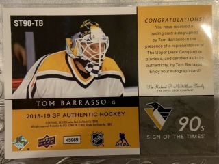 Tom Barrasso 2018 - 19 SP Authentic Sign Of The Times 90’s Auto 2