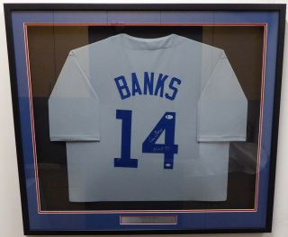 Cubs Ernie Banks Autographed Signed Framed Gray Jersey " Hof 77 " Beckett 138454