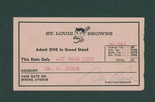1952 St Louis Browns Ticket Pass / Good For Any Game In 1952 - Bill Veeck