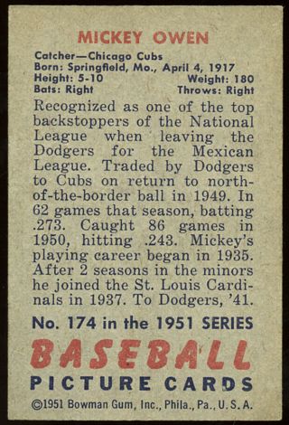 1951 Bowman 174 Mickey Owen,  Cubs.  Ex, 2