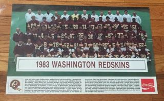 Vintage Rare 1983 Washington Redskins Team Roster Coca Cola Poster - Vg