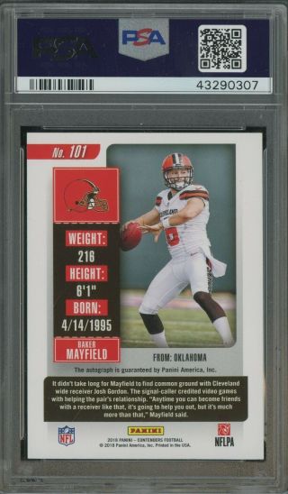 2018 Contenders Rookie Ticket Right Hand Baker Mayfield Browns RC AUTO PSA 10 2