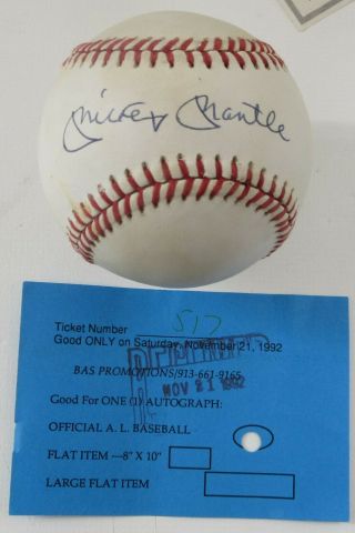 Mickey Mantle Signed / Autographed Bobby Brown Baseball With Bas Show Ticket