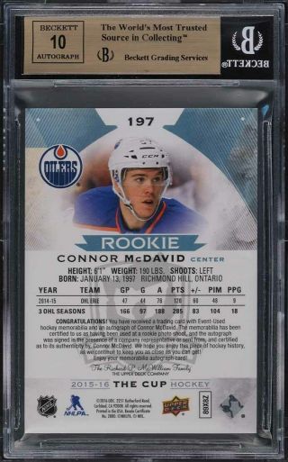 2015 - 16 UD The Cup Connor McDavid RC AUTO PATCH ' D 54/99 BGS 9.  5 GEM PWCC 2