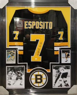 Phil Esposito Autographed Boston Bruins Jersey Custom Framed Jsa.  Hof 1984