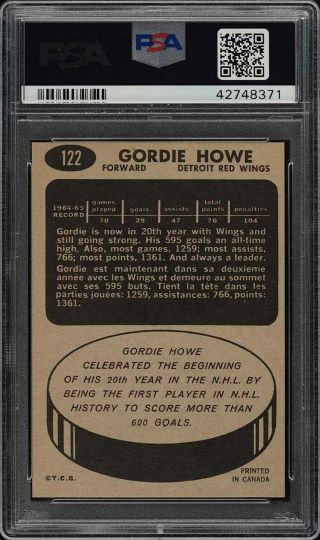 1965 Topps Hockey Gordie Howe 600 GOALS,  SHORT PRINT 122 PSA 9 (PWCC) 2