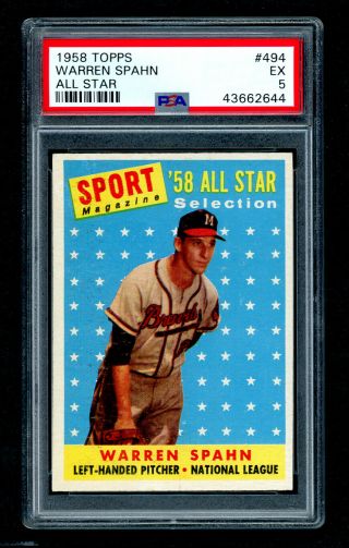 1958 Topps Baseball Card - 494 Warren Spahn All - Star,  Psa 5 Ex