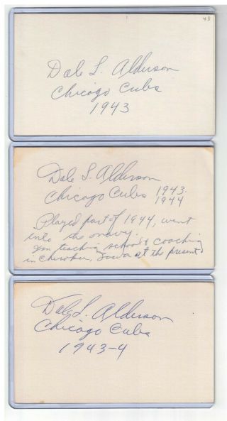 (3) Dale Alderson Index Card Signed 1943 - 44 Chicago Cubs Psa/dna Cert 1918 - 1982