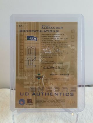 2000 UPPER DECK SHAUN ALEXANDER ENCORE UD AUTHENTICS AUTOGRAPH SA ON CARD AUTO 2