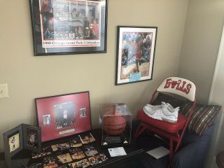 Autographed Michael Jordan Picture,  Game Bulls Chair,  & Rodman Signed Ball