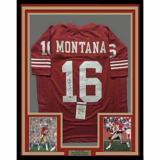 Framed Autographed/signed Joe Montana 33x42 San Francisco Red Jersey Jsa