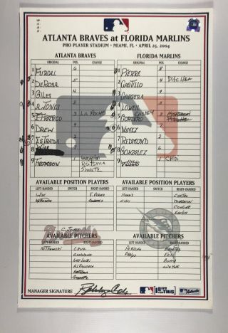 4/25/2004 Marlins Atlanta Braves Bobby Cox Signed Game Lineup Card Mlb Holo