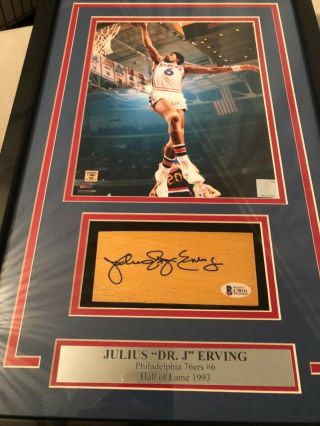 Autographed Julius Dr J Erving 2x4 Inch Game Floor Court Beckett Signed Framed