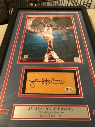 Autographed Julius Dr J Erving 2x4 inch game floor court Beckett signed framed 6