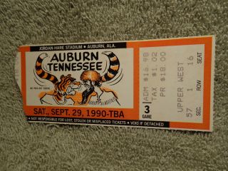Vtg 1990 Auburn Stan White Team Ties Tennessee Vols At 26 Football Ticket Stub