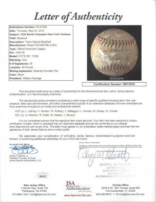 1938 NY Yankees Team Signed Baseball Gehrig DiMaggio Dickey Ruffing JSA LOA 6