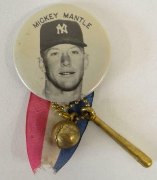 Mickey Mantle 1950s Pin & Ribbon W Metal Ball Bat Charms Ny Yankees Stadium