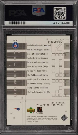 2000 Upper Deck Graded Tom Brady ROOKIE RC /1325 104 PSA 10 GEM (PWCC) 2
