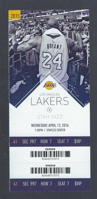 2015 - 2016 Nba Jazz @ Lakers Ticket - Kobe Bryant Last Game Ever - Apr 13