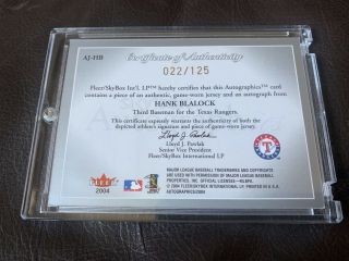 Texas Rangers Hank Blalock 04 Skybox Autographics Jersey ’d 22/125 2