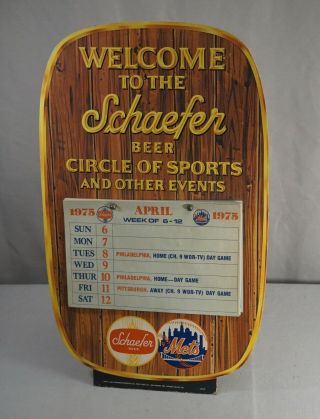 1975 N.  Y.  Mets Schaefer Beer Cardboard Advrt.  Baseball Schedule Sign