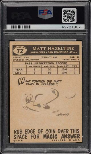 1959 Topps Football Matt Hazeltine 72 PSA 10 GEM (PWCC) 2