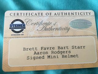 Bart Starr,  Brett Favre,  Aaron Rodgers Signed Packers Mini Helmet 6
