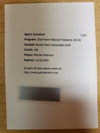 Mitchell Robinson 2018 - 19 National Treasures Rookie Patch Auto Rc Gold /10 