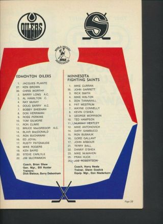 Jacques Plante 1974 - 75 Vintage Edmonton Oilers WHA Program Dec 26/74 Minnesota 2