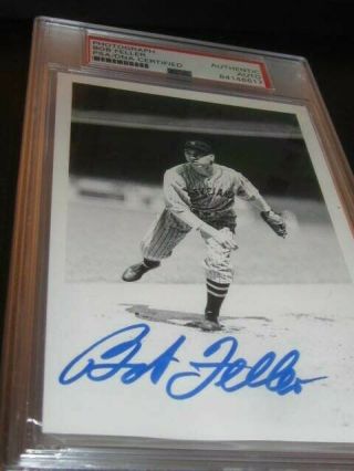Bob Feller Autographed Cleveland Indians Baseball Brace Postcard Photo Psa Slab