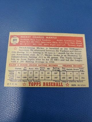 1952 TOPPS 311 MICKEY MANTLE,  N.  Y.  YANKEES,  RP CARD 2