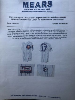 Kris Bryant 2015 Game Issued ROY Chicago Cubs Jersey Ernie Patch Auto 5