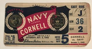 Navy Vs Cornell 1943 College Football Ticket Stub Baltimore Stadium Maryland