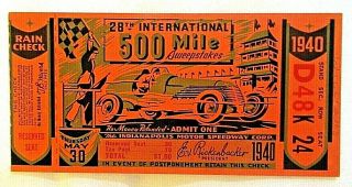 1940 Indianapolis 500 Ticket Stub 28th Annual Indy 500 Mile Race W/ Rain Check