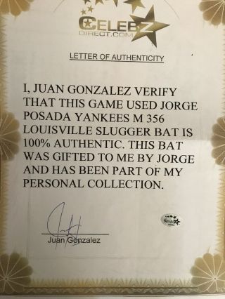 Jorge Posada York Yankees Game Uncracked Bat 12